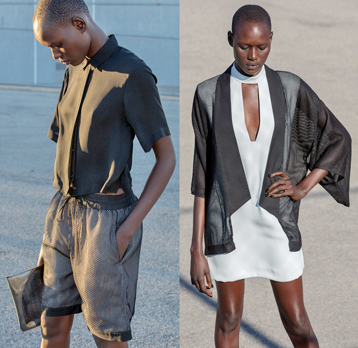 Nomia 2014 Spring Womens Presentation in New York - Yara Flinn - Denim Jeans Reflective Tape Metallic Safety Stripes Waist Pouch One Piece Jumpsuit Coveralls Tunic Crop Top Kimono Shirtdress Sheer Chiffon Mesh Peek-A-Boo Pencil Skirt: Designer Denim Jeans Fashion: Season Collections, Runways, Lookbooks and Linesheets