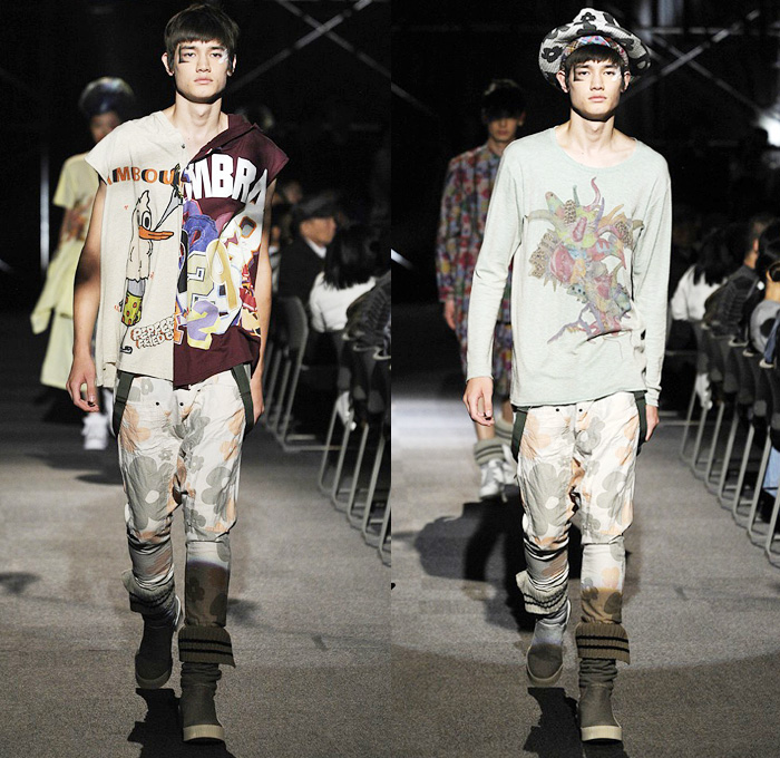 Nozomi Ishiguro Haute Couture 2014 Spring Summer Mens Runway Collection - Mercedes-Benz Fashion Week Tokyo Japan - Streetwear Denim Jeans Shorts Graffiti Paint Splatters 3D Perforated Holes Duck Flowers Plaid Sporty Casual: Designer Denim Jeans Fashion: Season Collections, Runways, Lookbooks and Linesheets