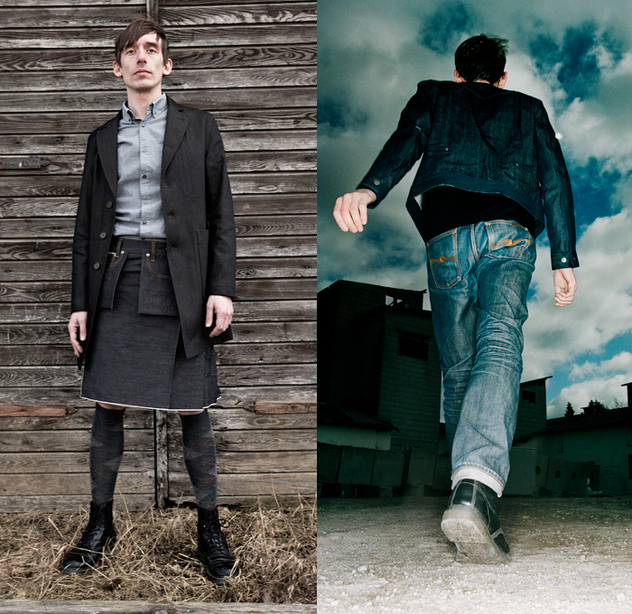 Nudie Jeans 2014 Spring Mens Lookbook - Bringing Expressions Together - Denim Jeans Selvage Selvedge Worker Tailored Rainwear Parka Jumper Sweater Kilt Manskirt Blazer Coat Outerwear Waistcoat Gilet Vest Stripes: Designer Denim Jeans Fashion: Season Collections, Runways, Lookbooks and Linesheets