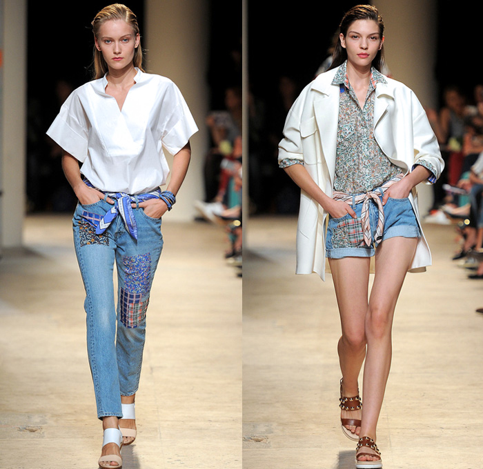 Paul & Joe 2014 Spring Summer Womens Runway Collection - Paris Fashion Week - Mode à Paris - Denim Jeans Patchwork Shorts Robe Coat Kimono White Ensemble Flowers Print Railroad Stripes Ruffles Lace Mesh Checks Crop Top Bandeau Shirtdress : Designer Denim Jeans Fashion: Season Collections, Runways, Lookbooks and Linesheets