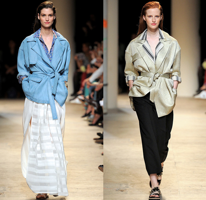 Paul & Joe 2014 Spring Summer Womens Runway Collection - Paris Fashion Week - Mode à Paris - Denim Jeans Patchwork Shorts Robe Coat Kimono White Ensemble Flowers Print Railroad Stripes Ruffles Lace Mesh Checks Crop Top Bandeau Shirtdress : Designer Denim Jeans Fashion: Season Collections, Runways, Lookbooks and Linesheets