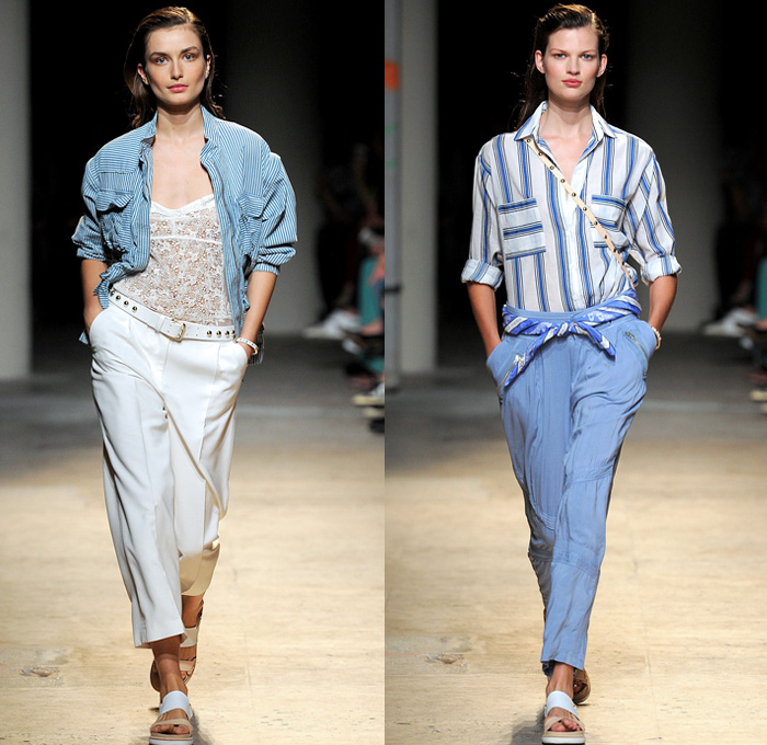 Paul & Joe 2014 Spring Summer Womens Runway Collection - Paris Fashion Week - Mode à Paris - Denim Jeans Patchwork Shorts Robe Coat Kimono White Ensemble Flowers Print Railroad Stripes Ruffles Lace Mesh Checks Crop Top Bandeau Shirtdress : Designer Denim Jeans Fashion: Season Collections, Runways, Lookbooks and Linesheets