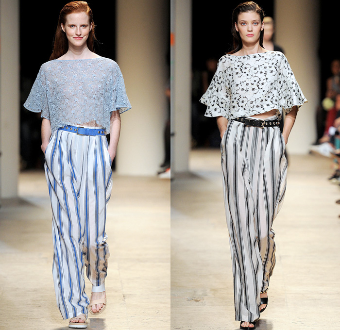 Paul & Joe 2014 Spring Summer Womens Runway Collection - Paris Fashion Week - Mode à Paris - Denim Jeans Patchwork Shorts Robe Coat Kimono White Ensemble Flowers Print Railroad Stripes Ruffles Lace Mesh Checks Crop Top Bandeau Shirtdress : Designer Denim Jeans Fashion: Season Collections, Runways, Lookbooks and Linesheets