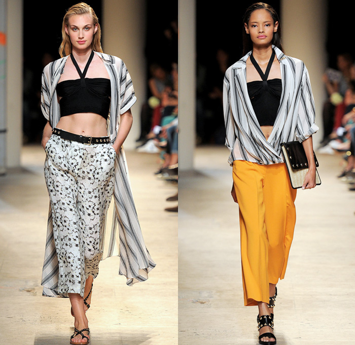 Paul & Joe 2014 Spring Summer Womens Runway Collection - Paris Fashion Week - Mode à Paris - Denim Jeans Patchwork Shorts Robe Coat Kimono White Ensemble Flowers Print Railroad Stripes Ruffles Lace Mesh Checks Crop Top Bandeau Shirtdress : Designer Denim Jeans Fashion: Season Collections, Runways, Lookbooks and Linesheets