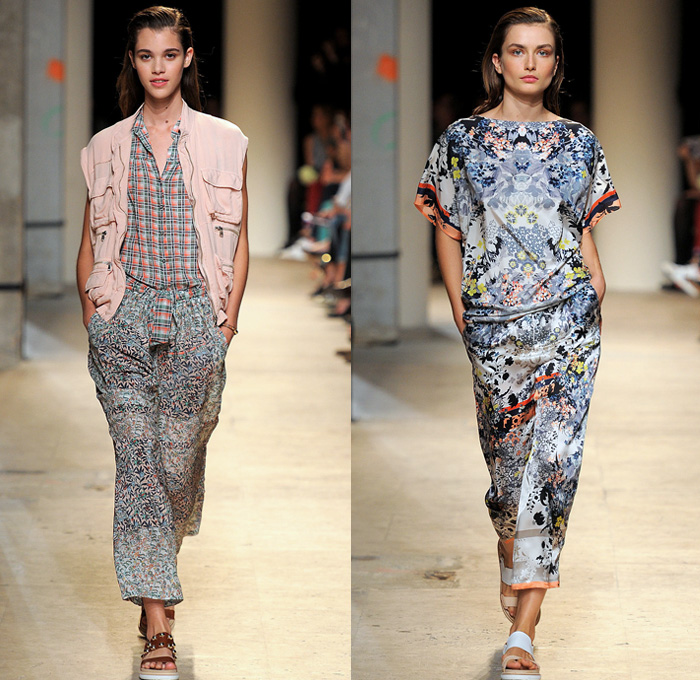 Paul & Joe 2014 Spring Summer Womens Runway Collection - Paris Fashion Week - Mode à Paris - Denim Jeans Patchwork Shorts Robe Coat Kimono White Ensemble Flowers Print Railroad Stripes Ruffles Lace Mesh Checks Crop Top Bandeau Shirtdress : Designer Denim Jeans Fashion: Season Collections, Runways, Lookbooks and Linesheets