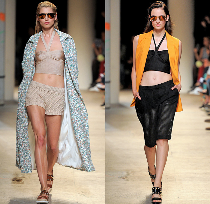 Paul & Joe 2014 Spring Summer Womens Runway Collection - Paris Fashion Week - Mode à Paris - Denim Jeans Patchwork Shorts Robe Coat Kimono White Ensemble Flowers Print Railroad Stripes Ruffles Lace Mesh Checks Crop Top Bandeau Shirtdress : Designer Denim Jeans Fashion: Season Collections, Runways, Lookbooks and Linesheets