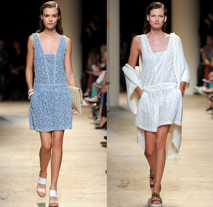 Paul & Joe 2014 Spring Summer Womens Runway Collection - Paris Fashion Week - Mode à Paris - Denim Jeans Patchwork Shorts Robe Coat Kimono White Ensemble Flowers Print Railroad Stripes Ruffles Lace Mesh Checks Crop Top Bandeau Shirtdress : Designer Denim Jeans Fashion: Season Collections, Runways, Lookbooks and Linesheets