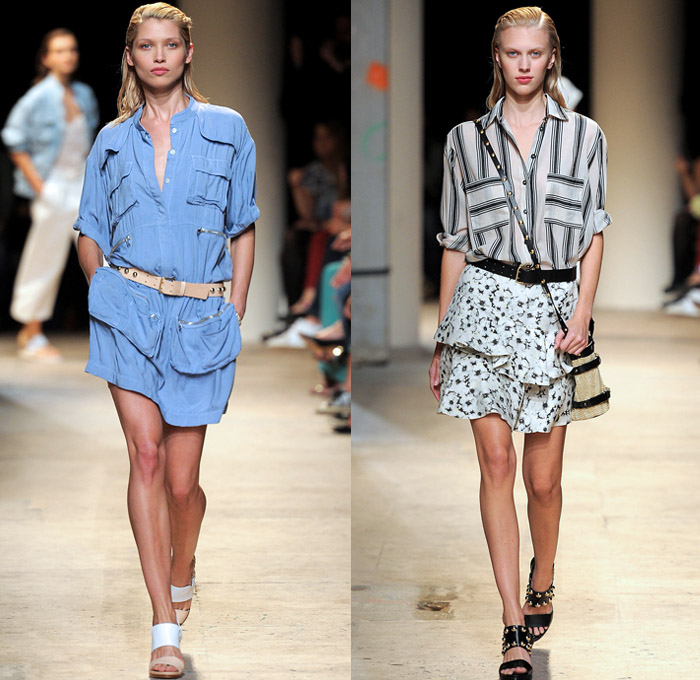 Paul & Joe 2014 Spring Summer Womens Runway Collection - Paris Fashion Week - Mode à Paris - Denim Jeans Patchwork Shorts Robe Coat Kimono White Ensemble Flowers Print Railroad Stripes Ruffles Lace Mesh Checks Crop Top Bandeau Shirtdress : Designer Denim Jeans Fashion: Season Collections, Runways, Lookbooks and Linesheets