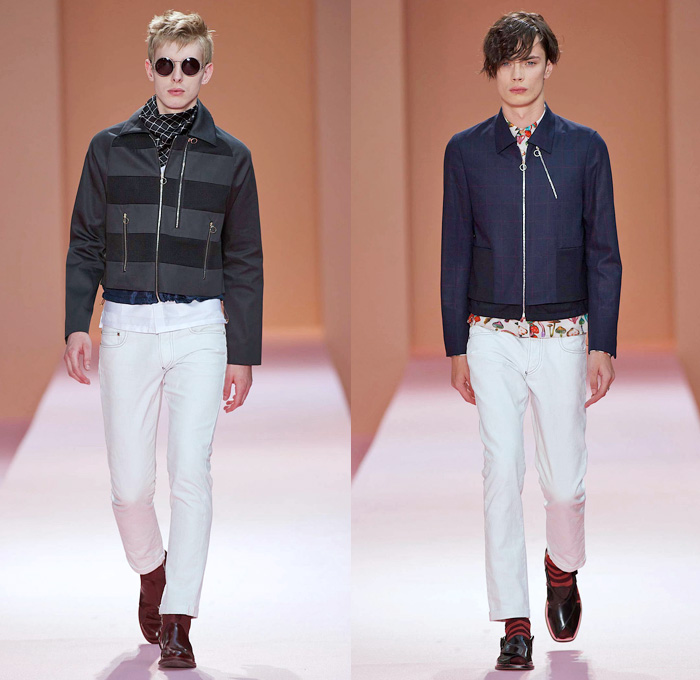 Paul Smith 2014 Spring Summer Mens Runway Collection - White Denim Jeans Outerwear Minimal Coat Bomber Jacket Stripes Geometric Color Block Mushrooms Windowpane Check Motorcycle Biker Zippers: Designer Denim Jeans Fashion: Season Collections, Runways, Lookbooks and Linesheets