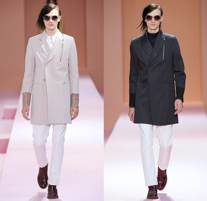 Paul Smith 2014 Spring Summer Mens Runway Collection - White Denim Jeans Outerwear Minimal Coat Bomber Jacket Stripes Geometric Color Block Mushrooms Windowpane Check Motorcycle Biker Zippers: Designer Denim Jeans Fashion: Season Collections, Runways, Lookbooks and Linesheets