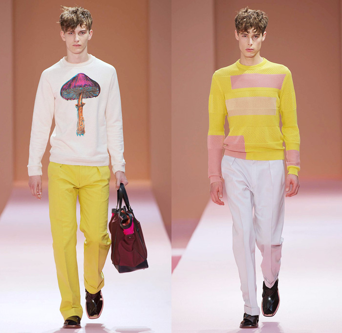 Paul Smith 2014 Spring Summer Mens Runway Collection - White Denim Jeans Outerwear Minimal Coat Bomber Jacket Stripes Geometric Color Block Mushrooms Windowpane Check Motorcycle Biker Zippers: Designer Denim Jeans Fashion: Season Collections, Runways, Lookbooks and Linesheets