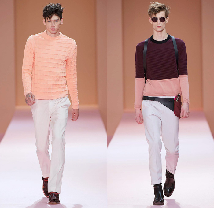 Paul Smith 2014 Spring Summer Mens Runway Collection - White Denim Jeans Outerwear Minimal Coat Bomber Jacket Stripes Geometric Color Block Mushrooms Windowpane Check Motorcycle Biker Zippers: Designer Denim Jeans Fashion: Season Collections, Runways, Lookbooks and Linesheets