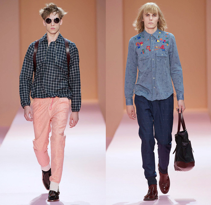 Paul Smith 2014 Spring Summer Mens Runway Collection - White Denim Jeans Outerwear Minimal Coat Bomber Jacket Stripes Geometric Color Block Mushrooms Windowpane Check Motorcycle Biker Zippers: Designer Denim Jeans Fashion: Season Collections, Runways, Lookbooks and Linesheets