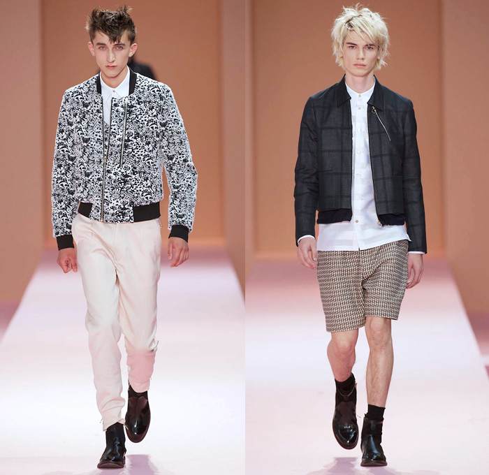 Paul Smith 2014 Spring Summer Mens Runway Collection - White Denim Jeans Outerwear Minimal Coat Bomber Jacket Stripes Geometric Color Block Mushrooms Windowpane Check Motorcycle Biker Zippers: Designer Denim Jeans Fashion: Season Collections, Runways, Lookbooks and Linesheets