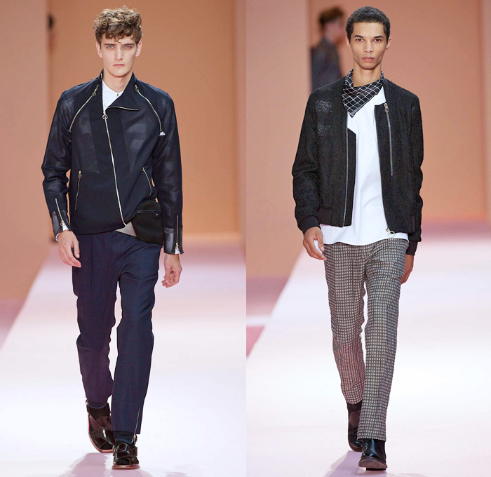 Paul Smith 2014 Spring Summer Mens Runway Collection - White Denim Jeans Outerwear Minimal Coat Bomber Jacket Stripes Geometric Color Block Mushrooms Windowpane Check Motorcycle Biker Zippers: Designer Denim Jeans Fashion: Season Collections, Runways, Lookbooks and Linesheets