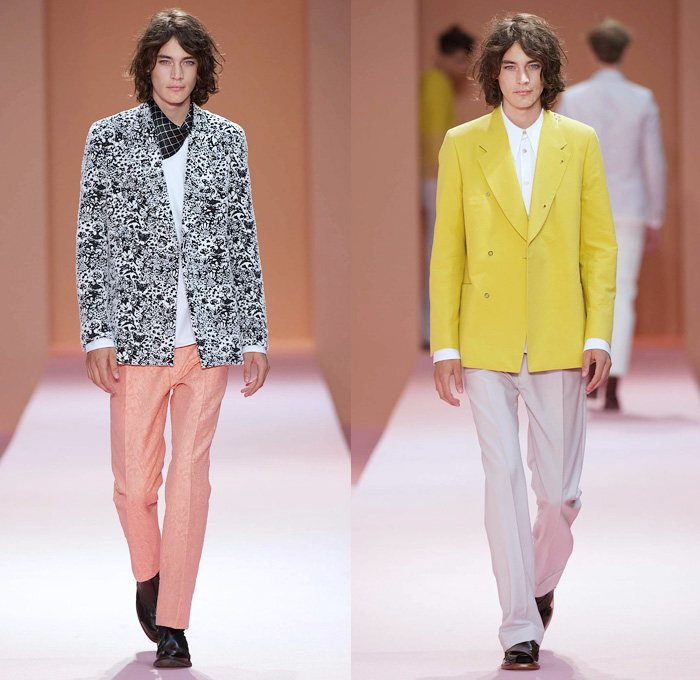 Paul Smith 2014 Spring Summer Mens Runway Collection - White Denim Jeans Outerwear Minimal Coat Bomber Jacket Stripes Geometric Color Block Mushrooms Windowpane Check Motorcycle Biker Zippers: Designer Denim Jeans Fashion: Season Collections, Runways, Lookbooks and Linesheets