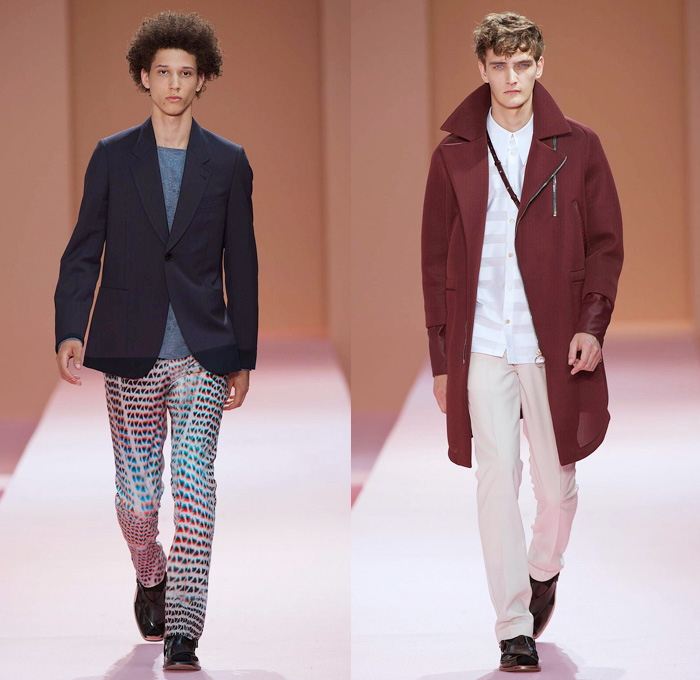 Paul Smith 2014 Spring Summer Mens Runway Collection - White Denim Jeans Outerwear Minimal Coat Bomber Jacket Stripes Geometric Color Block Mushrooms Windowpane Check Motorcycle Biker Zippers: Designer Denim Jeans Fashion: Season Collections, Runways, Lookbooks and Linesheets