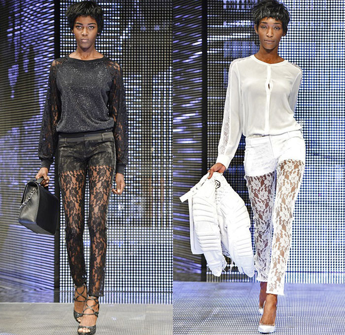 Philipp Plein 2014 Spring Summer Womens Runway Collection - Milan Fashion Week - Cropped Leather Sweatpants Lace Sheer Crochet Jeans Metallic Studs Biker Bomber Jacket Skull: Designer Denim Jeans Fashion: Season Collections, Runways, Lookbooks and Linesheets