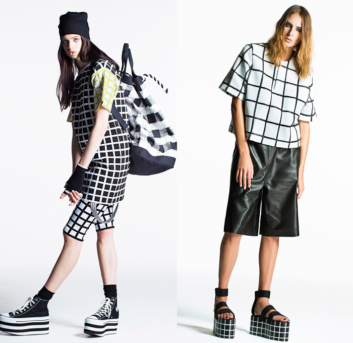 Piece D'Anarchive 2014 Spring Summer Womens Lookbook Presentation - Paris Fashion Week - Mode à Paris - Apocalyptic Grunge Streetwear Black Windowpane Lattice Grid Check Motif Pattern Leggings Elevator Sneakers Peek-A-Boo Mesh Skirt Wide Leg Trousers: Designer Denim Jeans Fashion: Season Collections, Runways, Lookbooks and Linesheets