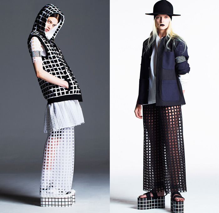 Piece D'Anarchive 2014 Spring Summer Womens Lookbook Presentation - Paris Fashion Week - Mode à Paris - Apocalyptic Grunge Streetwear Black Windowpane Lattice Grid Check Motif Pattern Leggings Elevator Sneakers Peek-A-Boo Mesh Skirt Wide Leg Trousers: Designer Denim Jeans Fashion: Season Collections, Runways, Lookbooks and Linesheets