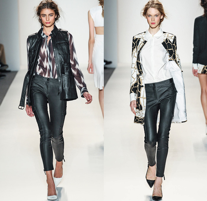 Rachel Zoe 2014 Spring Summer Womens Runway Collection - New York Fashion Week - Safari Zebra Stripes White Ensemble Motorcycle Biker Leather Destroyed Wide Leg Denim Jeans Jackets Trench Coat Stone Tile Prints: Designer Denim Jeans Fashion: Season Collections, Runways, Lookbooks and Linesheets