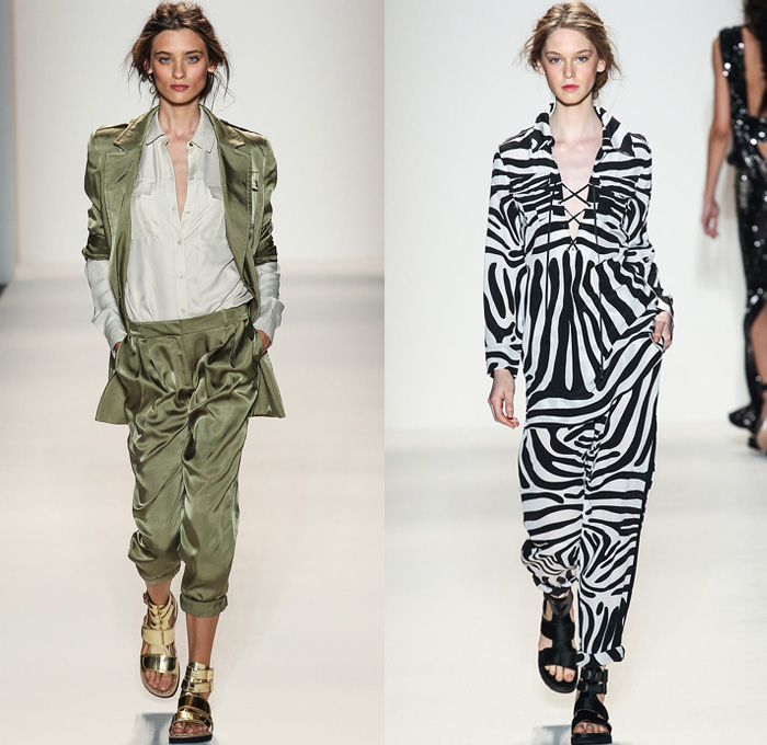 Rachel Zoe 2014 Spring Summer Womens Runway Collection - New York Fashion Week - Safari Zebra Stripes White Ensemble Motorcycle Biker Leather Destroyed Wide Leg Denim Jeans Jackets Trench Coat Stone Tile Prints: Designer Denim Jeans Fashion: Season Collections, Runways, Lookbooks and Linesheets