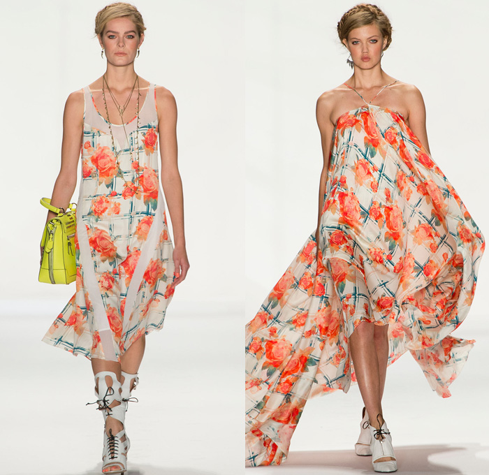 Rebecca Minkoff 2014 Spring Womens Runway Collection - New York Fashion Week - Frida Kahlo Latin America Inspired Frayed Floral Embroidery Mesh Lace Multi-Panels: Designer Denim Jeans Fashion: Season Collections, Runways, Lookbooks and Linesheets