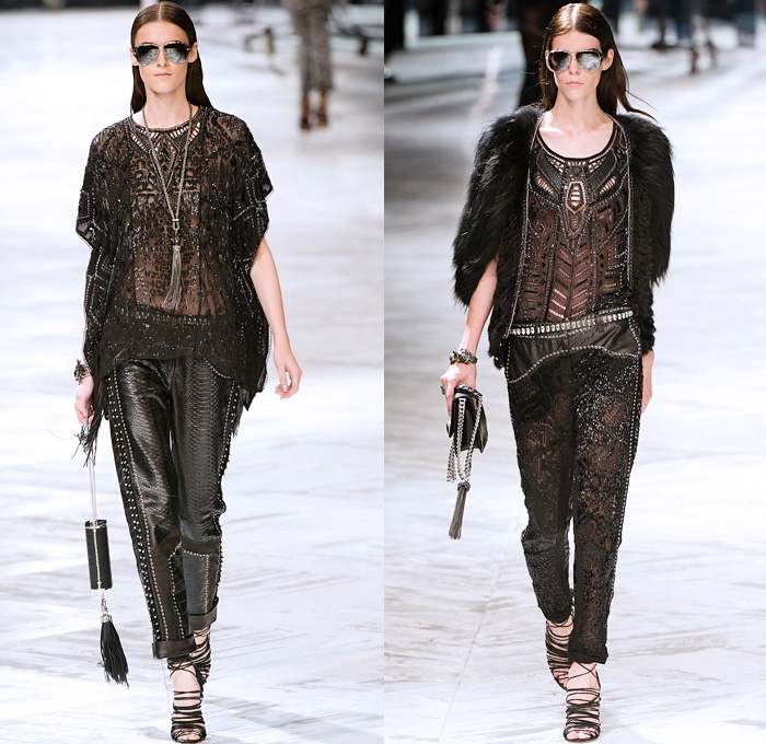 Roberto Cavalli 2014 Spring Summer Womens Runway Collection - Milan Fashion Week - Old Hollywood Glamour Multi-Panel Denim Jeans Snake Reptile Python Alligator Crocodile Embroidery Embellishment Lace Crochet Sheer Chiffon Peek-A-Boo Dress Gown Motorcycle Biker Jacket: Designer Denim Jeans Fashion: Season Collections, Runways, Lookbooks and Linesheets