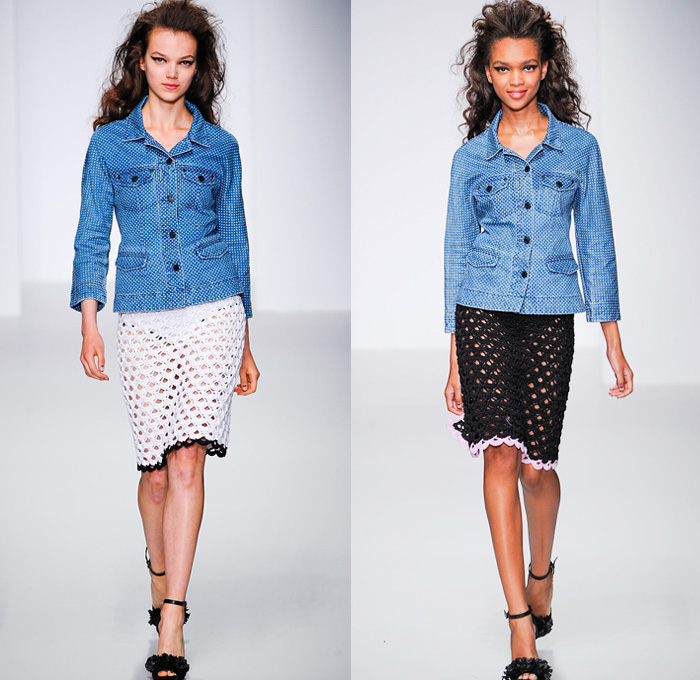 Sister by Sibling 2014 Spring Summer Womens Runway Collection - London Fashion Week - 1950s 1960s Mod Tupperware Party Americana Dotted Denim Skirts Jackets Cut Offs Shorts Crochet Dresses Florals Flower Embellishments Knitwear: Designer Denim Jeans Fashion: Season Collections, Runways, Lookbooks and Linesheets