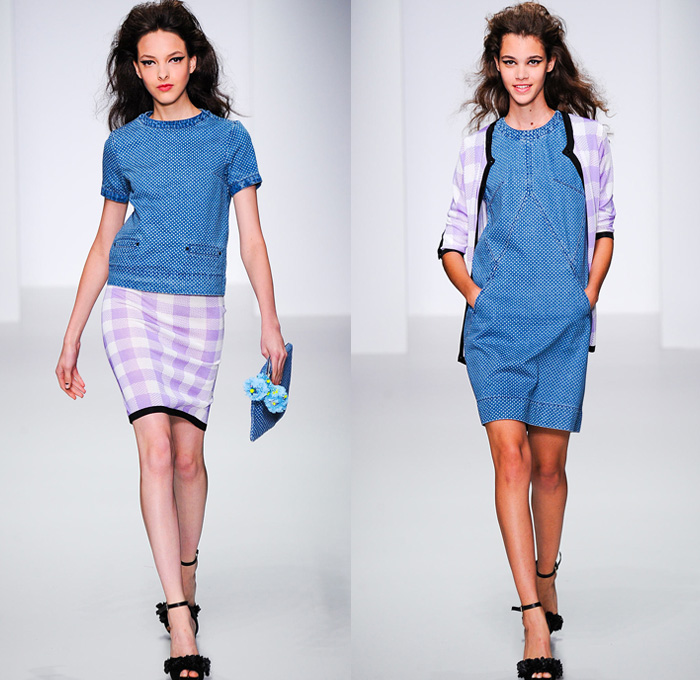 Sister by Sibling 2014 Spring Summer Womens Runway Collection - London Fashion Week - 1950s 1960s Mod Tupperware Party Americana Dotted Denim Skirts Jackets Cut Offs Shorts Crochet Dresses Florals Flower Embellishments Knitwear: Designer Denim Jeans Fashion: Season Collections, Runways, Lookbooks and Linesheets