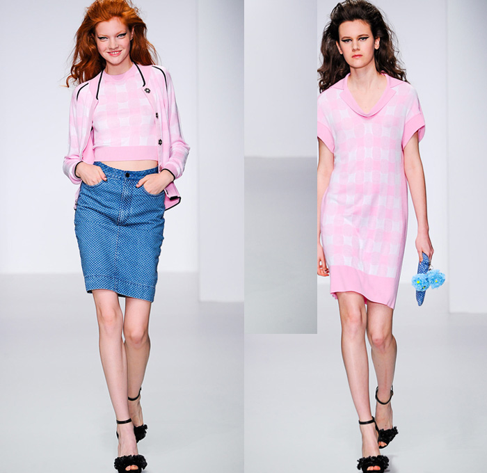 Sister by Sibling 2014 Spring Summer Womens Runway Collection - London Fashion Week - 1950s 1960s Mod Tupperware Party Americana Dotted Denim Skirts Jackets Cut Offs Shorts Crochet Dresses Florals Flower Embellishments Knitwear: Designer Denim Jeans Fashion: Season Collections, Runways, Lookbooks and Linesheets