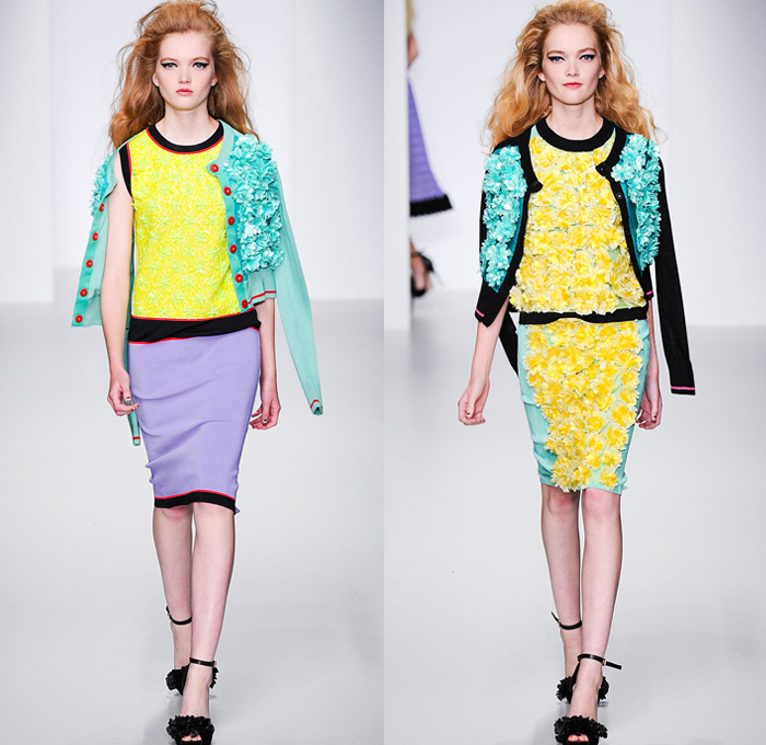 Sister by Sibling 2014 Spring Summer Womens Runway Collection - London Fashion Week - 1950s 1960s Mod Tupperware Party Americana Dotted Denim Skirts Jackets Cut Offs Shorts Crochet Dresses Florals Flower Embellishments Knitwear: Designer Denim Jeans Fashion: Season Collections, Runways, Lookbooks and Linesheets