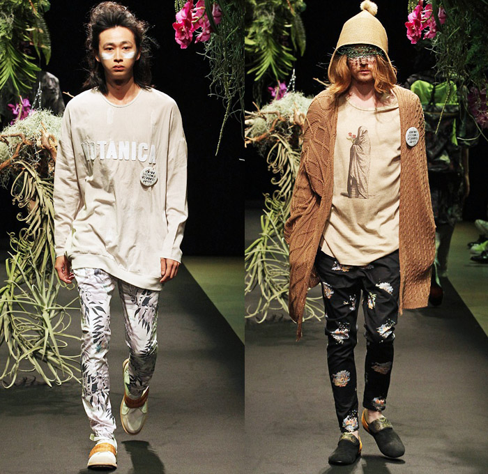 STOF 2014 Spring Summer Mens Runway Collection - Mercedes-Benz Fashion Week Tokyo Japan Hiroshi Tanida - Greenery Botanical Foliage Tropical Leaves Denim Ribbed Panel Biker Jeans Slouchy Lounge Roomwear Oversized Shirt Bomber Jacket Knits Shorts Over Leggings: Designer Denim Jeans Fashion: Season Collections, Runways, Lookbooks and Linesheets