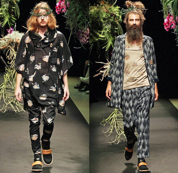 STOF 2014 Spring Summer Mens Runway Collection - Mercedes-Benz Fashion Week Tokyo Japan Hiroshi Tanida - Greenery Botanical Foliage Tropical Leaves Denim Ribbed Panel Biker Jeans Slouchy Lounge Roomwear Oversized Shirt Bomber Jacket Knits Shorts Over Leggings: Designer Denim Jeans Fashion: Season Collections, Runways, Lookbooks and Linesheets