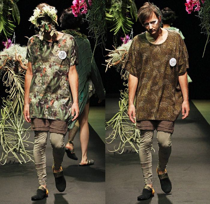 STOF 2014 Spring Summer Mens Runway Collection - Mercedes-Benz Fashion Week Tokyo Japan Hiroshi Tanida - Greenery Botanical Foliage Tropical Leaves Denim Ribbed Panel Biker Jeans Slouchy Lounge Roomwear Oversized Shirt Bomber Jacket Knits Shorts Over Leggings: Designer Denim Jeans Fashion: Season Collections, Runways, Lookbooks and Linesheets