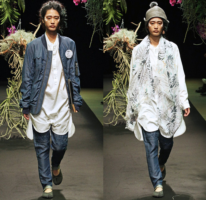 STOF 2014 Spring Summer Womens Runway Collection - Mercedes-Benz Fashion Week Tokyo Japan Hiroshi Tanida - Greenery Botanical Foliage Tropical Leaves Denim Jeans Slouchy Lounge Roomwear Shirtdress Bomber Jacket Knits: Designer Denim Jeans Fashion: Season Collections, Runways, Lookbooks and Linesheets