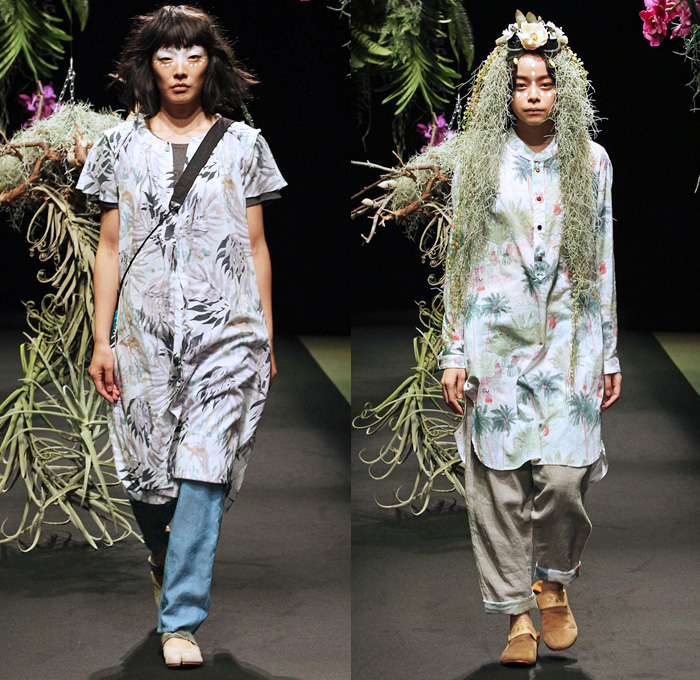 STOF 2014 Spring Summer Womens Runway Collection - Mercedes-Benz Fashion Week Tokyo Japan Hiroshi Tanida - Greenery Botanical Foliage Tropical Leaves Denim Jeans Slouchy Lounge Roomwear Shirtdress Bomber Jacket Knits: Designer Denim Jeans Fashion: Season Collections, Runways, Lookbooks and Linesheets