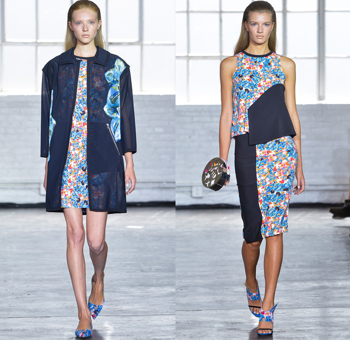 Tanya Taylor 2014 Spring Womens Runway Collection - New York Fashion Week - Asymmetrical Cuts Multi-Panel Fabrics Stripes and Florals: Designer Denim Jeans Fashion: Season Collections, Runways, Lookbooks and Linesheets