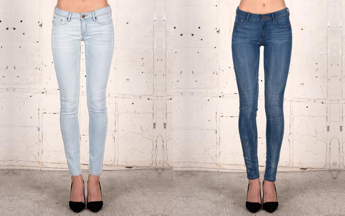 (03a) X-702 Berlin Skinny Denim Jeans - (03b) X-705 Blue Thorn Skinny Denim Jeans - THVM 2014 Spring Summer Womens Collection - Skinny Denim Jeans Mid Rise Zip Trouser Leggings Patchwork Ombre Multi-Panels Watercolor Effect Fashion: Designer Denim Jeans Fashion: Season Collections, Runways, Lookbooks and Linesheets
