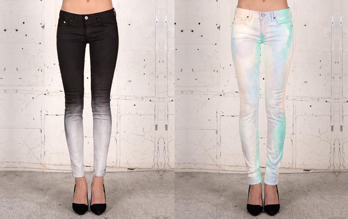 (04a) X-205 Time Travel Skinny Denim Jeans - (04b) X-206 Sherbert Skinny Denim Jeans - THVM 2014 Spring Summer Womens Collection - Skinny Denim Jeans Mid Rise Zip Trouser Leggings Patchwork Ombre Multi-Panels Watercolor Effect Fashion: Designer Denim Jeans Fashion: Season Collections, Runways, Lookbooks and Linesheets
