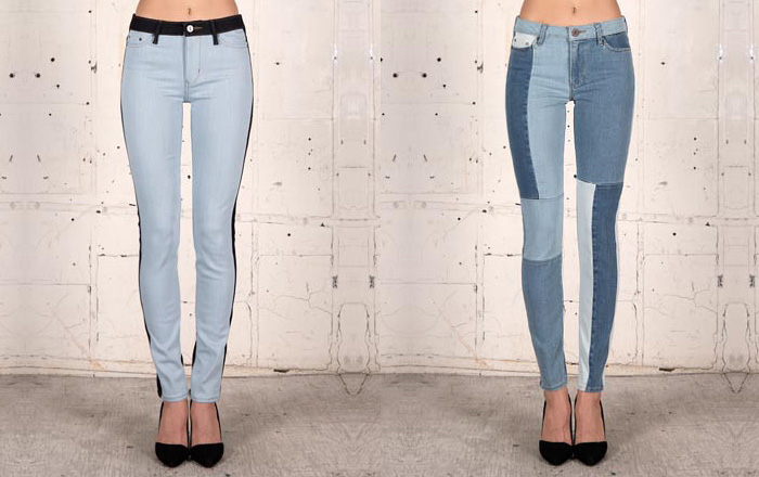 (05a) X-801 Contrast Mid Rise Skinny Denim Jeans - (05b) X-802 Block Mid Rise Skinny Denim Jeans - THVM 2014 Spring Summer Womens Collection - Skinny Denim Jeans Mid Rise Zip Trouser Leggings Patchwork Ombre Multi-Panels Watercolor Effect Fashion: Designer Denim Jeans Fashion: Season Collections, Runways, Lookbooks and Linesheets