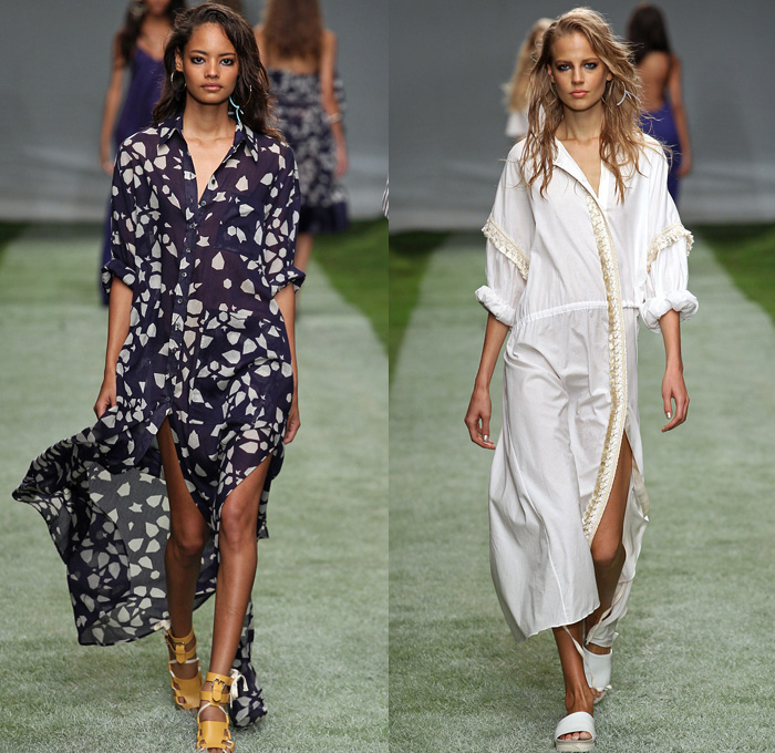 Topshop Unique 2014 Spring Summer Womens Runway Collection - London Fashion Week - Raw Dry Denim Jeans Wide Leg Trucker Jacket Boucle Lace Crochet One Piece Jumpsuit Shirtdress Crop Top Midriff White Ensemble Mesh Spaghetti Strap Dress: Designer Denim Jeans Fashion: Season Collections, Runways, Lookbooks and Linesheets
