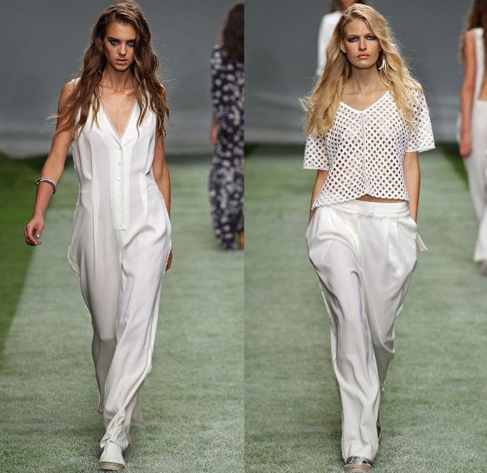 Topshop Unique 2014 Spring Summer Womens Runway Collection - London Fashion Week - Raw Dry Denim Jeans Wide Leg Trucker Jacket Boucle Lace Crochet One Piece Jumpsuit Shirtdress Crop Top Midriff White Ensemble Mesh Spaghetti Strap Dress: Designer Denim Jeans Fashion: Season Collections, Runways, Lookbooks and Linesheets