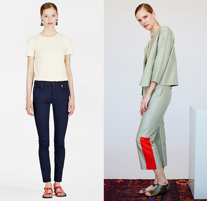 Trademark 2014 Summer Womens Collection Looks - Denim Jeans Slim Shirt Cropped Pants Trucker Shirt Skirt Frock Multi-Panel Color Block alter Top Tie Up Twist Front Shorts Rectangular Neck Silk Scarf Sweaterdress Noodle Spaghetti Strap Handkerchief Hem Minimalist Checks - New York City Fashion