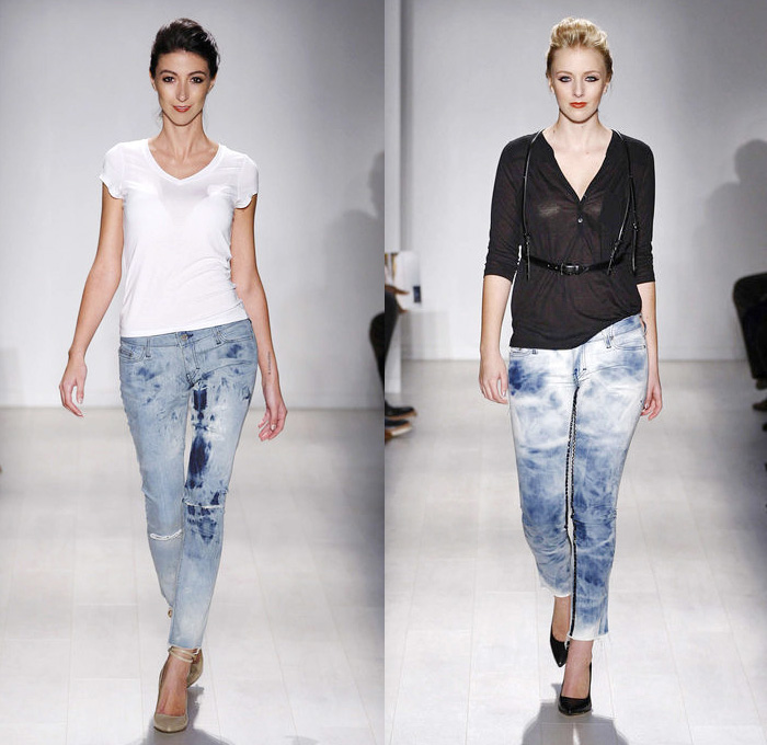 Triarchy 2014 Spring Summer Womens Runway Collection - World MasterCard Fashion Week Toronto Ontario Canada - Denim Jeans Skinny Acid Wash Tie-Dye Marbled Destroyed Destructed Crop Top Midriff Lace Harness: Designer Denim Jeans Fashion: Season Collections, Runways, Lookbooks and Linesheets