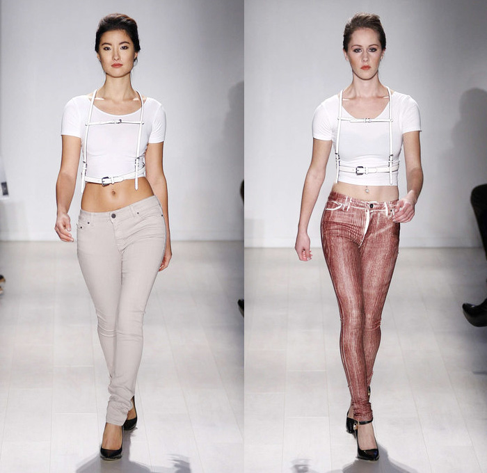 Triarchy 2014 Spring Summer Womens Runway Collection - World MasterCard Fashion Week Toronto Ontario Canada - Denim Jeans Skinny Acid Wash Tie-Dye Marbled Destroyed Destructed Crop Top Midriff Lace Harness: Designer Denim Jeans Fashion: Season Collections, Runways, Lookbooks and Linesheets