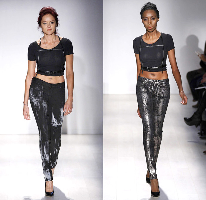 Triarchy 2014 Spring Summer Womens Runway Collection - World MasterCard Fashion Week Toronto Ontario Canada - Denim Jeans Skinny Acid Wash Tie-Dye Marbled Destroyed Destructed Crop Top Midriff Lace Harness: Designer Denim Jeans Fashion: Season Collections, Runways, Lookbooks and Linesheets