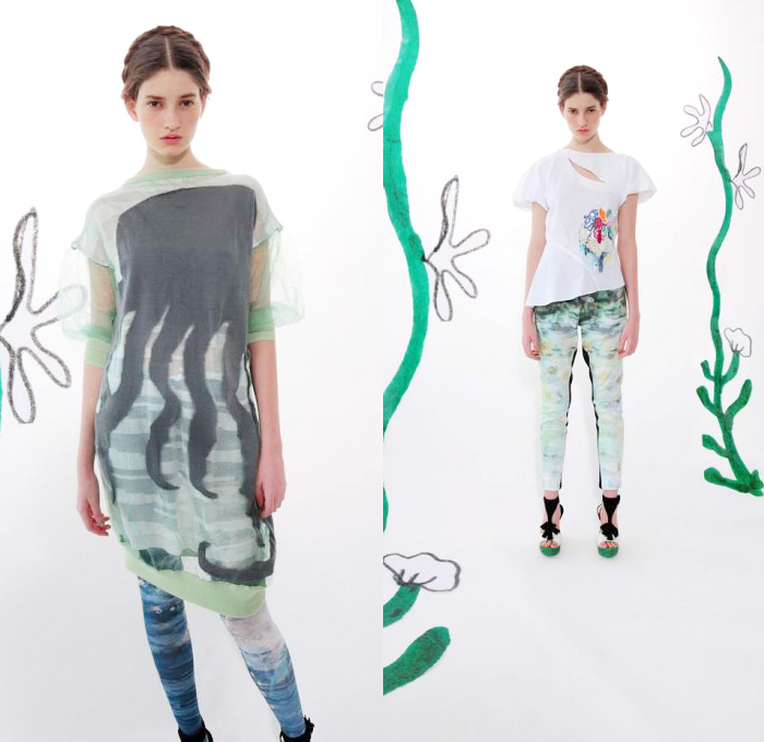 Tsumori Chisato 2014 Resort Womens Presentation - Pre Spring Cruise Collection - Aquarium Sea Animals Jellyfish Clam Octopus Prints Printed Leggings Tulle Peek-A-Boo Bell Sleeves Dresses Outerwear Coat Robe Kimono: Designer Denim Jeans Fashion: Season Collections, Runways, Lookbooks and Linesheets