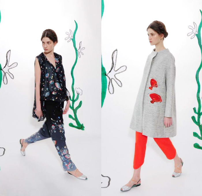 Tsumori Chisato 2014 Resort Womens Presentation - Pre Spring Cruise Collection - Aquarium Sea Animals Jellyfish Clam Octopus Prints Printed Leggings Tulle Peek-A-Boo Bell Sleeves Dresses Outerwear Coat Robe Kimono: Designer Denim Jeans Fashion: Season Collections, Runways, Lookbooks and Linesheets