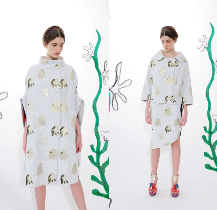 Tsumori Chisato 2014 Resort Womens Presentation - Pre Spring Cruise Collection - Aquarium Sea Animals Jellyfish Clam Octopus Prints Printed Leggings Tulle Peek-A-Boo Bell Sleeves Dresses Outerwear Coat Robe Kimono: Designer Denim Jeans Fashion: Season Collections, Runways, Lookbooks and Linesheets